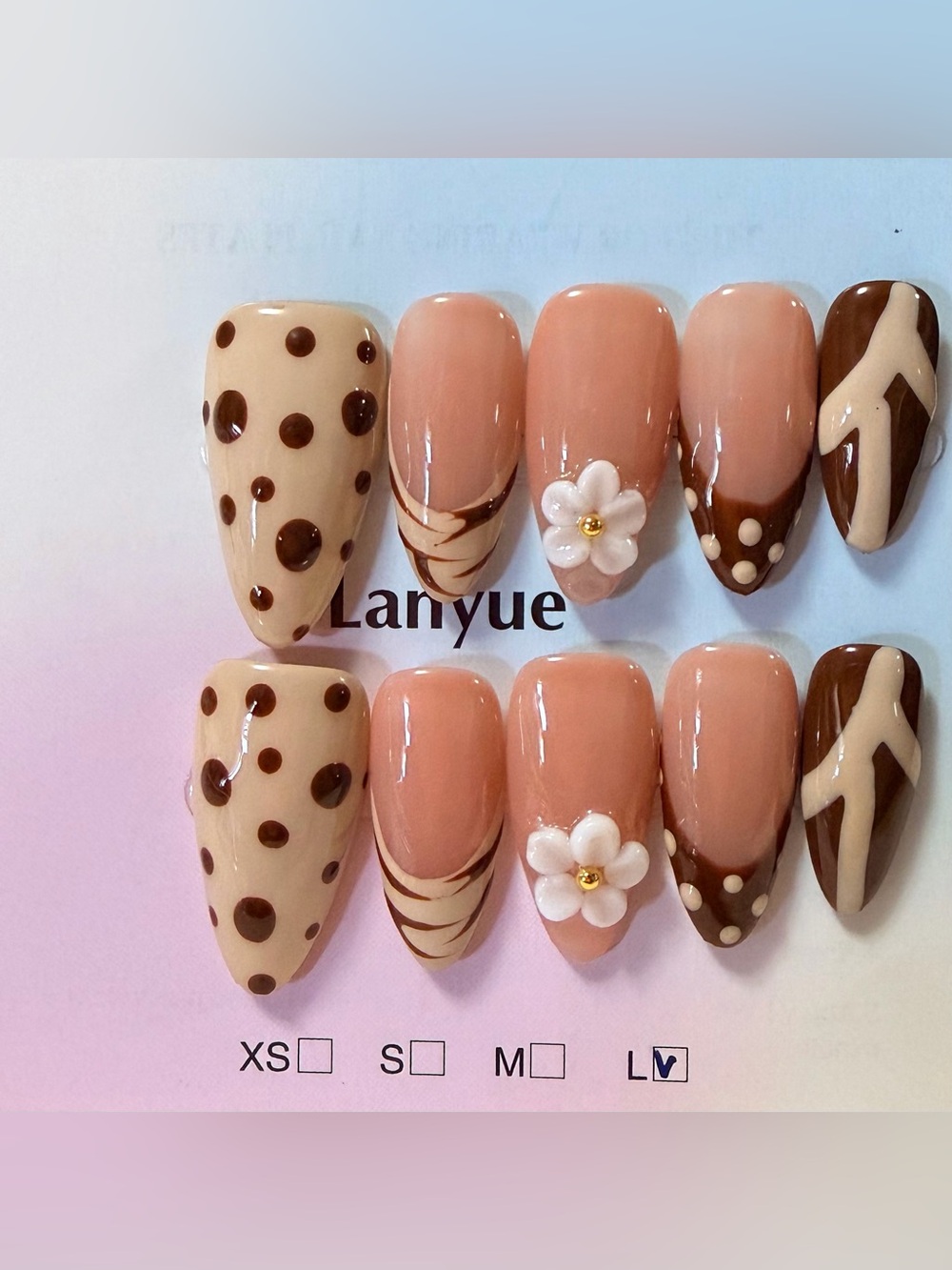 Nude & Brown Floral Gel Nail Set - Women Accessories